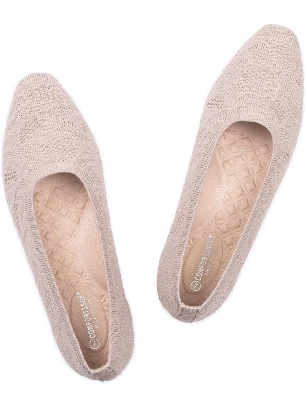 Frank Mully Women's Beige Mesh Rubber Knitted Square Toe Flat Lightweight Shoes